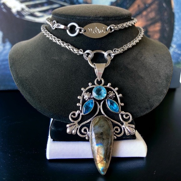 925 Sterling silver overlay natural labradorite sapphire aquamarine necklace - Picture 9 of 16